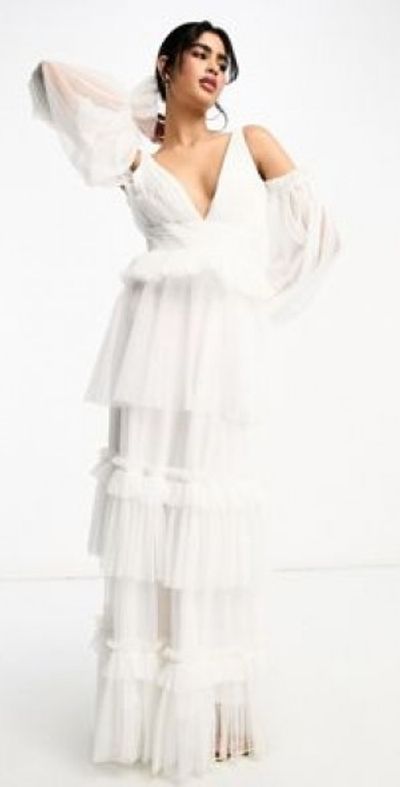 Lace & Beads - Exclusive long sleeve tiered maxi dress in ivory-White Lace & Beads - Exclusive long sleeve tiered maxi dress in ivory-White