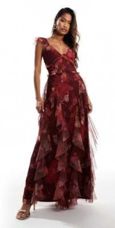 Lace & Beads - ruffle midaxi tulle dress in red floral Lace & Beads - ruffle midaxi tulle dress in red floral