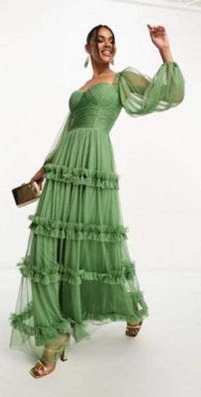 Lace & Beads - sheer sleeve ruffle maxi dress in olive-Green Lace & Beads - sheer sleeve ruffle maxi dress in olive-Green