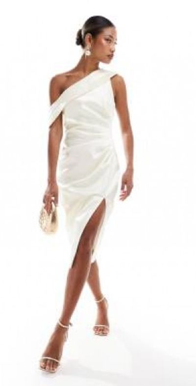Lavish Alice - pleated one shoulder bonded satin midi dress in ivory-White