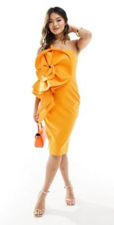 Lavish Alice - rossette detail midi dress in sweet mandarin-Orange Lavish Alice - rossette detail midi dress in sweet mandarin-Orange