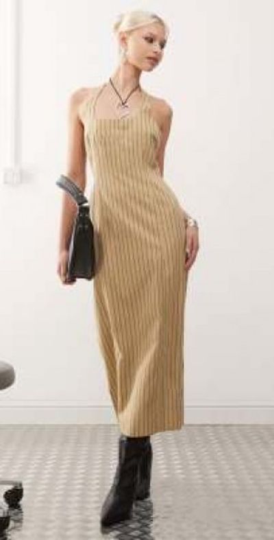 Lioness - halter neck back split midi dress in beige stripe-Neutral