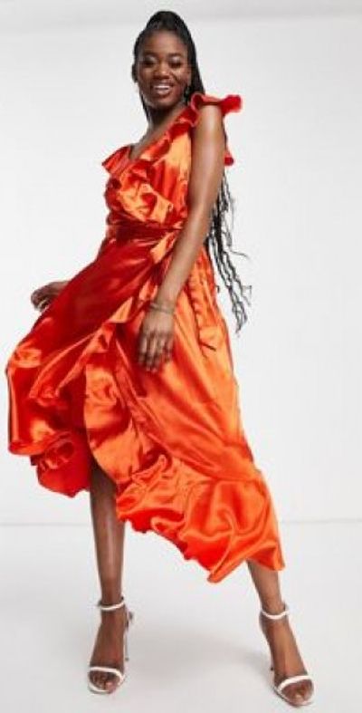 Little Mistress - Bridesmaid ruffle wrap dress in sunset orange Little Mistress - Bridesmaid ruffle wrap dress in sunset orange