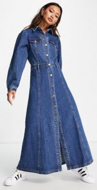 Lost Ink - maxi trucker dress in washed indigo denim-Blues