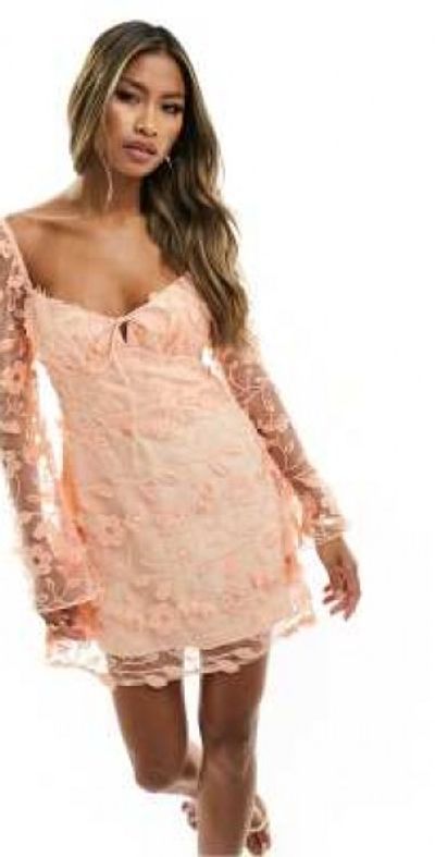 Love Triangle - sweetheart neck lace mini dress in apricot-Orange Love Triangle - sweetheart neck lace mini dress in apricot-Orange
