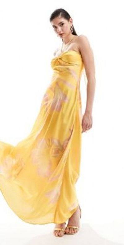 Mango halterneck satin midi dress in yellow