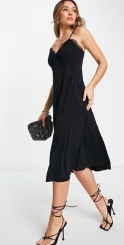 half black half white dress Black midi double-layered satin slip dress with V-neck – Serena Silueta main image 1