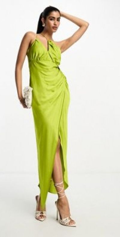 Mango - premium asymmetric ruched detail midi dress with side split in green Mango - premium asymmetric ruched detail midi dress with side split in green