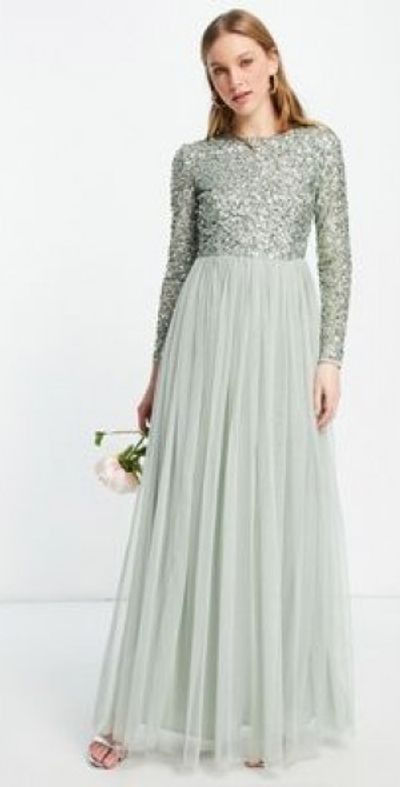 Maya Bridesmaid long sleeve maxi tulle dress with tonal delicate