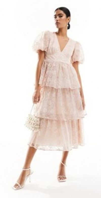 strapless open back dress Floral Organza Dress with Removable Puff Sleeves EU32