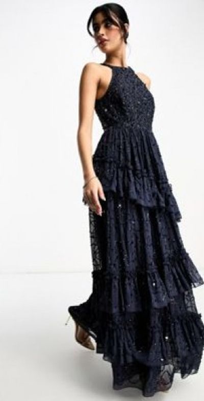 Maya - Premium embellished tiered maxi dress with ruffle detail in navy-Blue
