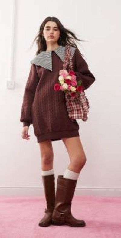 Miss Selfridge - cable knit sweatshirt mini dress in chocolate-Brown