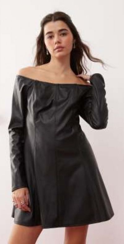 green emerald velvet dress Black Faux Leather Bardot Biker Dress