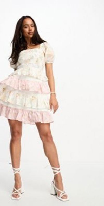 Miss Selfridge - frill detail lace insert mini dress in mixed print-Multi Miss Selfridge - frill detail lace insert mini dress in mixed print-Multi