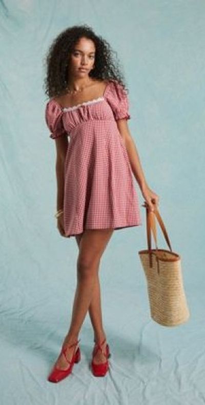 Miss Selfridge - gingham lace trim babydoll mini dress in red-Pink