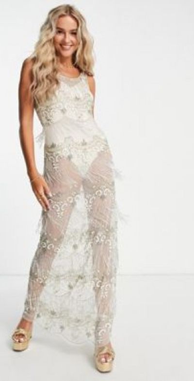 Miss Selfridge Premium embellished sheer strappy maxi dress in gold