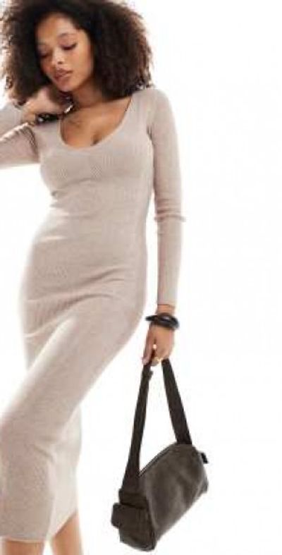 Miss Selfridge - V-neck rib knit midi dress in oatmeal-Neutral