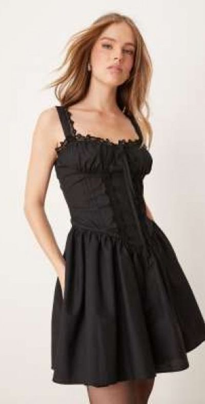 Miss Selfridge - western poplin lace trim corset mini dress in black