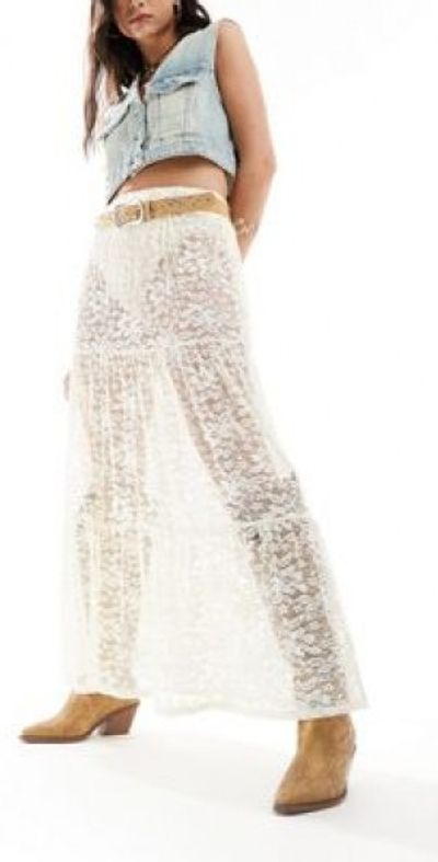 Miss Selfridge western sheer tiered lace maxi skirt-White