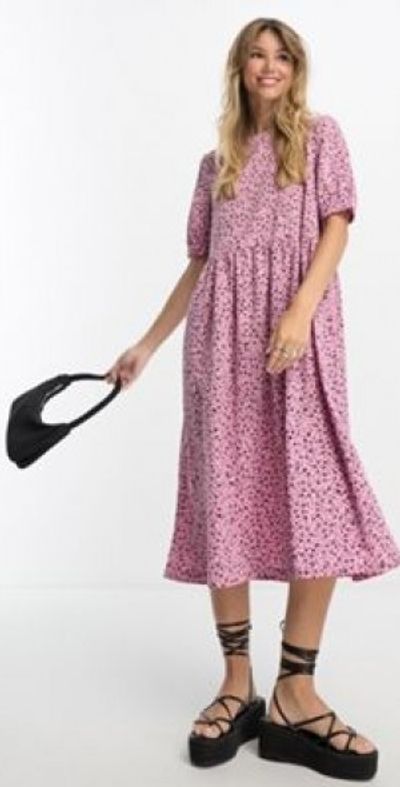 Monki midi smock dress in pink meadow floral