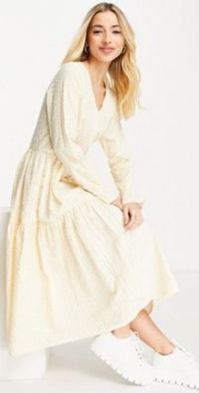 Monki Monki seersucker smock midi dress in yellow