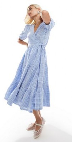Monki - seersucker wrap midi dress with tiered layers in blue and white  gingham-Multi