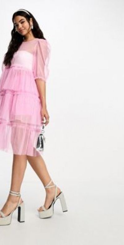 Monki tulle layered midi dress in pink