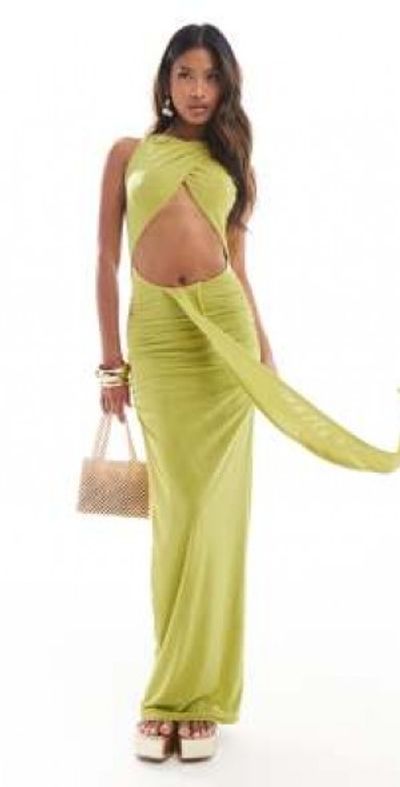 Murci - drape detail cut out high neck maxi dress in lime-Green