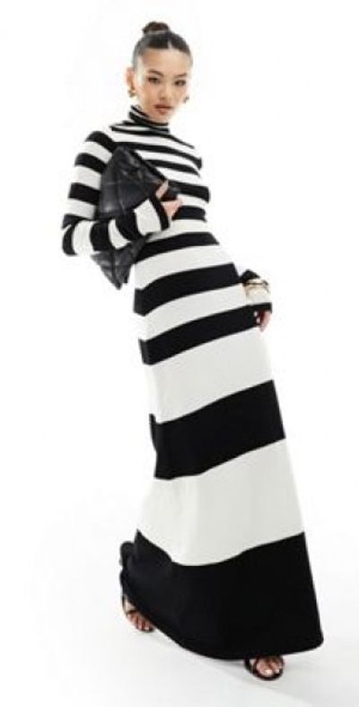 NA-KD - fine knit high neck maxi dress in black and white stripe NA-KD - fine knit high neck maxi dress in black and white stripe