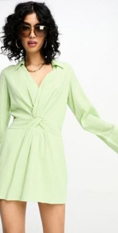 NA-KD - x Stephsa twist front linen mini shirt dress in green