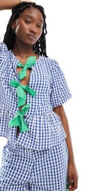Neon Rose gingham and bow detail smock blouse in blue and green