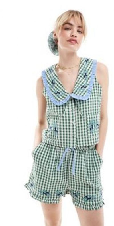 Neon Rose ruffle edge sleeveless gingham blouse in forest green