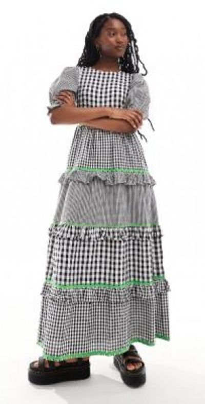 Neon Rose - tiered puff sleeve gingham midi dress in black