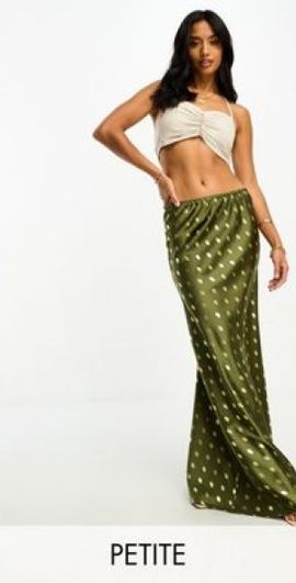 Never Fully Dressed Never Fully Dressed Petite gold fleck satin maxi skirt in khaki-Green