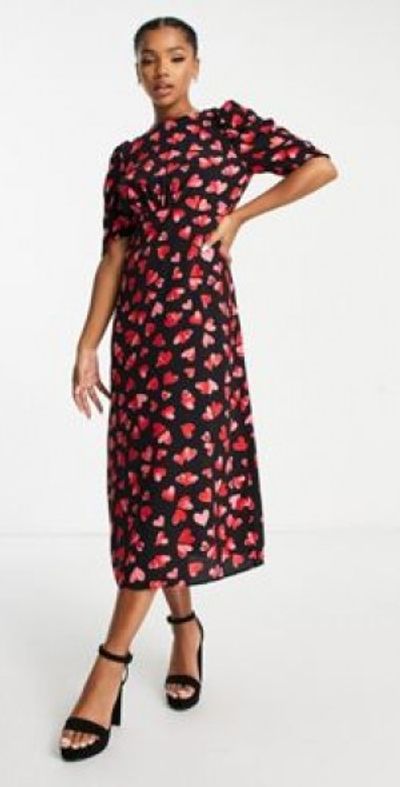 knee length dresses for ladies Navy Heart Print Short Sleeve Midi Dress – AX Paris US main image 0
