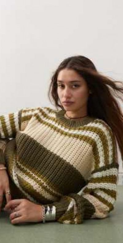 Noisy May Noisy May chunky open knit sweater in cream & green stripe