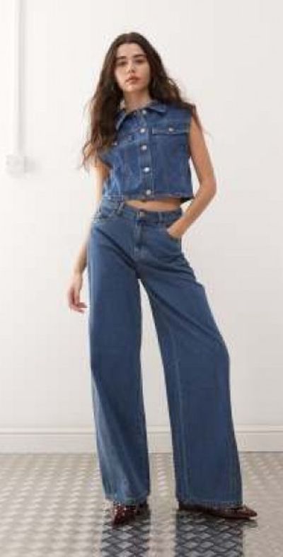 Noisy May Noisy May Robie high waisted baggy jean with flare insert in mid blue - part of a set