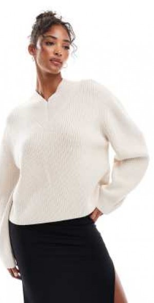 Other Stories wool blend ribbed knit sweater with high V neck and deep cuffs detail in off white
