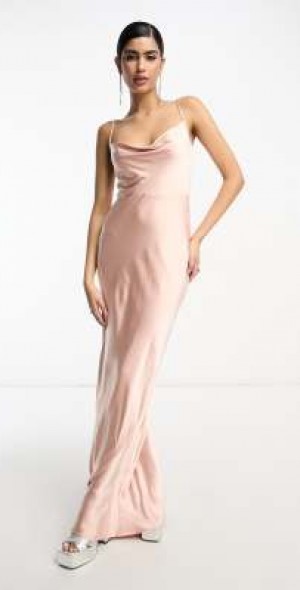 Pretty Lavish - Bridesmaid Keisha cowl neck satin maxi dress in blush-Pink
