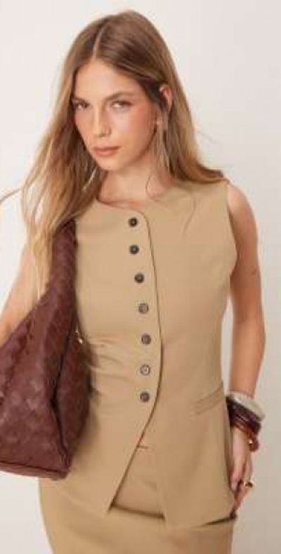 Pretty Lavish Pretty Lavish buttoned down vest in camel - part of a set-Neutral