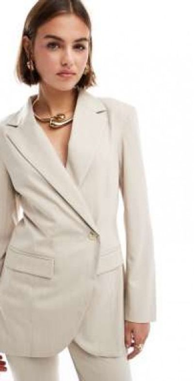 Pretty Lavish Pretty Lavish cinched waist blazer in beige pinstripe - part of a set-White
