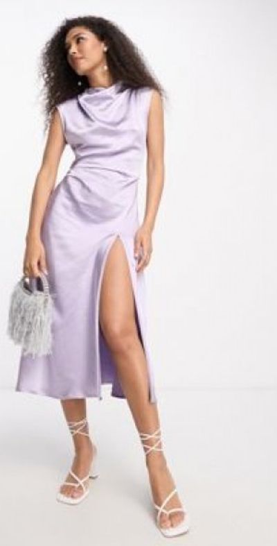 Pretty Lavish - drape satin midi dress in lilac-Purple