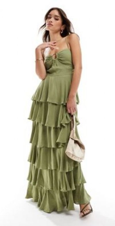 fitted lace wedding dress Joyfolie Women's Mari Maxi Dress in Deep Moss, Extra Large