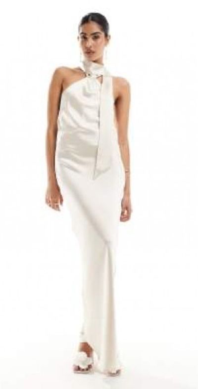 white satin dress with scarf White Satin Maxi Floor Length with Scarf