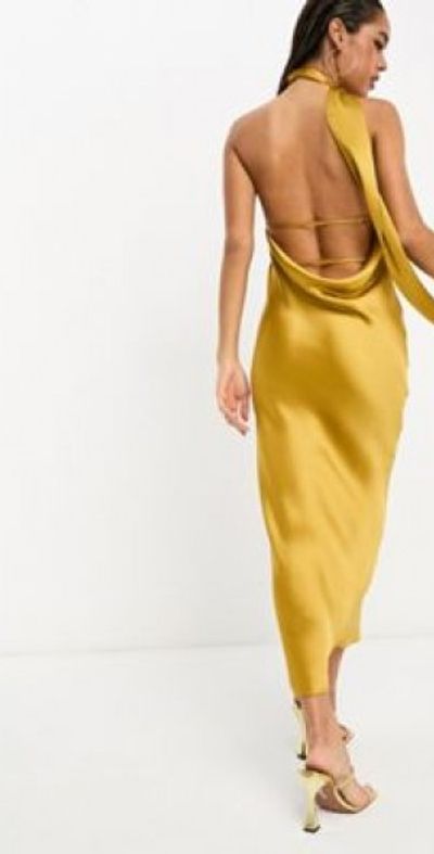 Pretty Lavish - satin scarf midaxi dress in saffron yellow-Gold