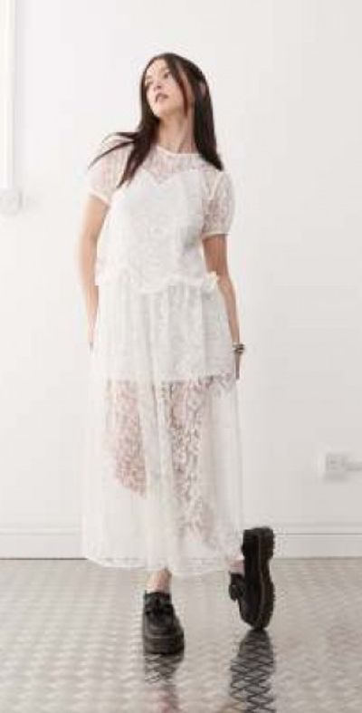 embroidered lace trim dress Embroidered Maxi Dress w/ Lace Trim L-XL / WHITE/BLUE main image 1