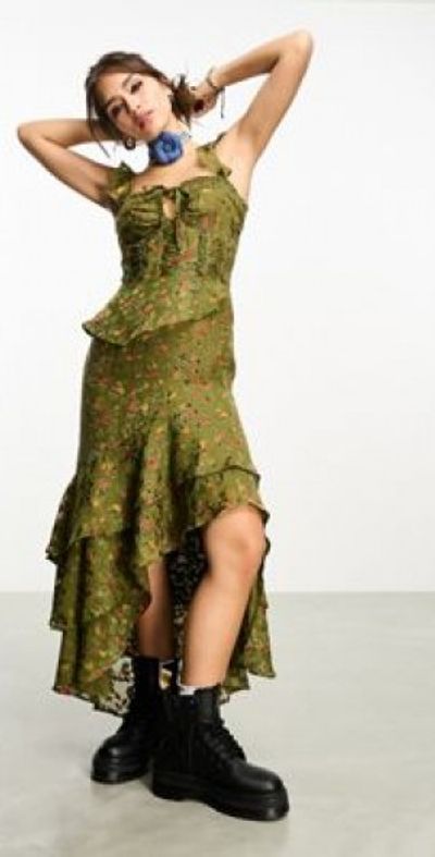 Reclaimed Vintage - floral corset waterfall dress-Green