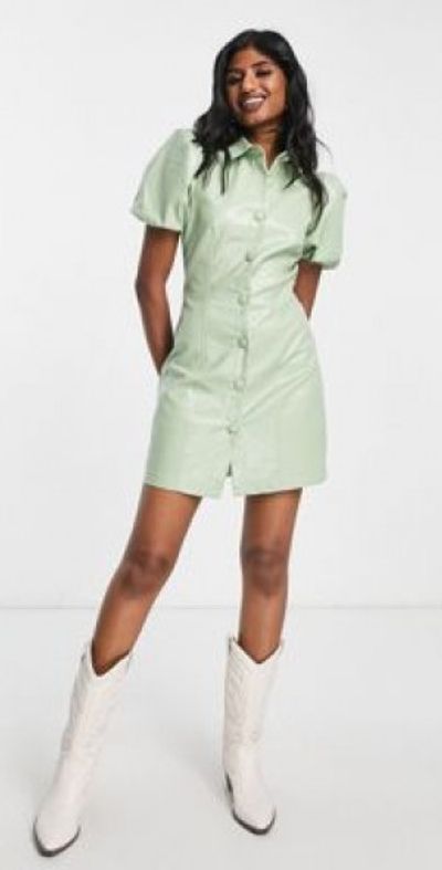 Reclaimed Vintage - inspired leather look mini dress in mint-Green