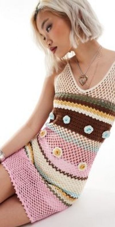 Reclaimed Vintage - limited edition festival crochet floral knit mini dress -Multi