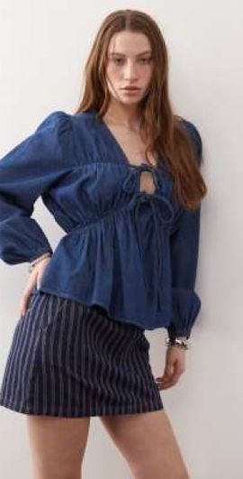 Reclaimed Vintage Reclaimed Vintage long sleeve ruched tie front top in mid blue denim